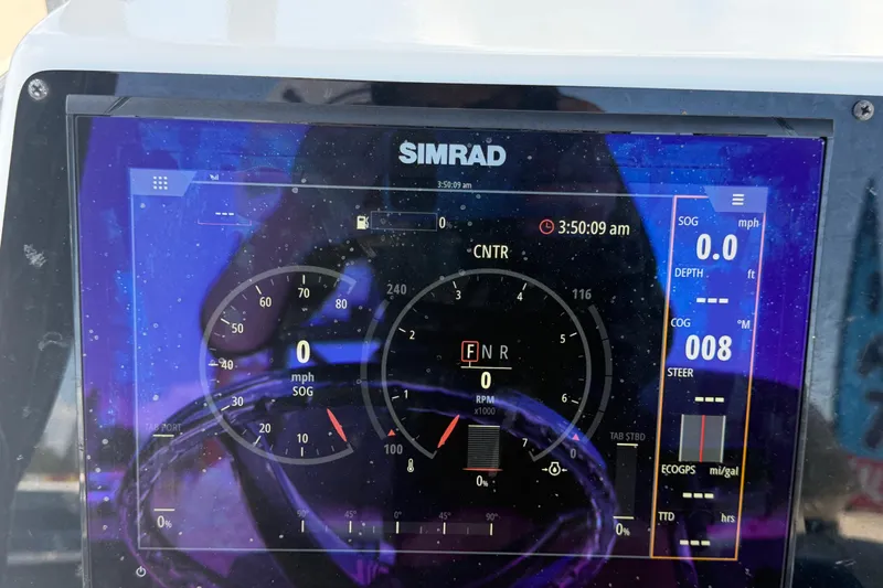 Slide: The Image of Simrad marine display on Savannah 210X, 2025 model, showing navigation and engine data. - 20