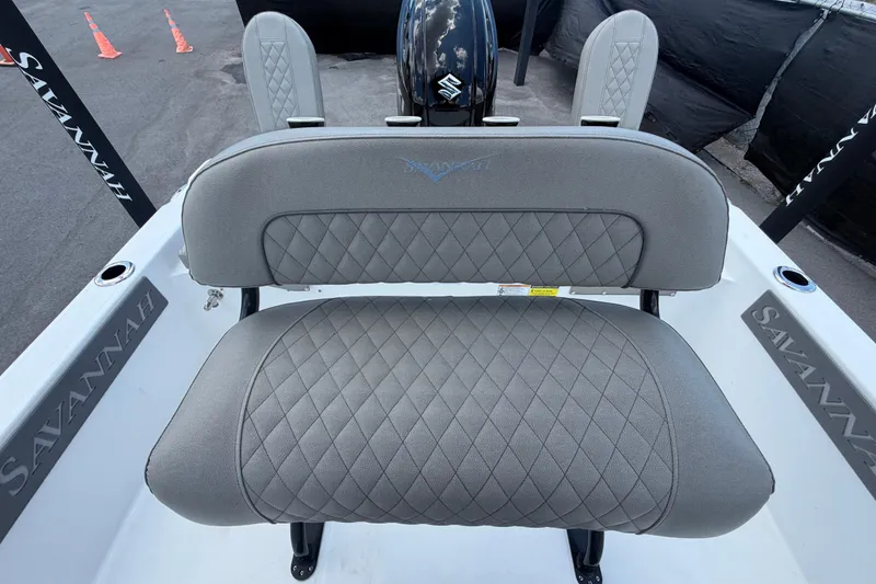 Slide: The Image of 2025 Savannah 210X boat seat with diamond-stitched gray upholstery. - 47
