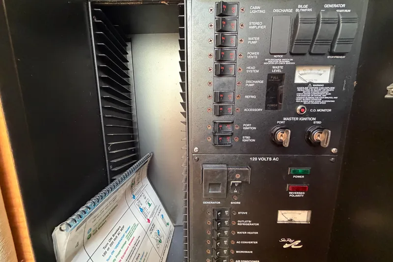 Slide: The Image of Electrical control panel of a 2006 Sea Ray 300 Sundancer boat, featuring switches and gauges. - 95