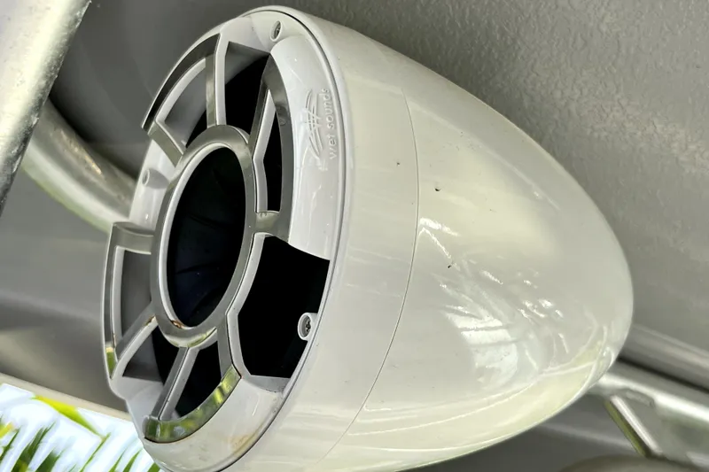Slide: The Image of Close-up of a marine speaker on a 2014 Robalo R265 Walkaround boat. - 107