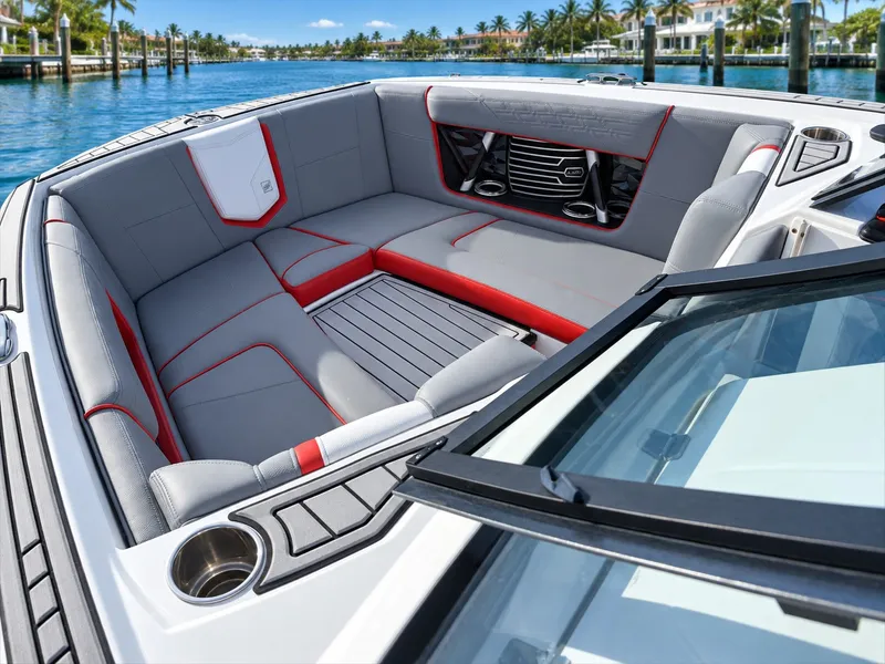 Slide: The Image of The image shows the interior of a 2019 Nautique Super Air Nautique G23 with gray and red seating. - 5