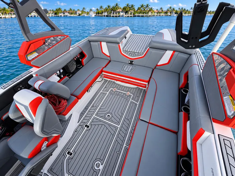 Slide: The Image of The image shows the interior of a 2019 Nautique Super Air Nautique G23 with gray and red seating. - 4