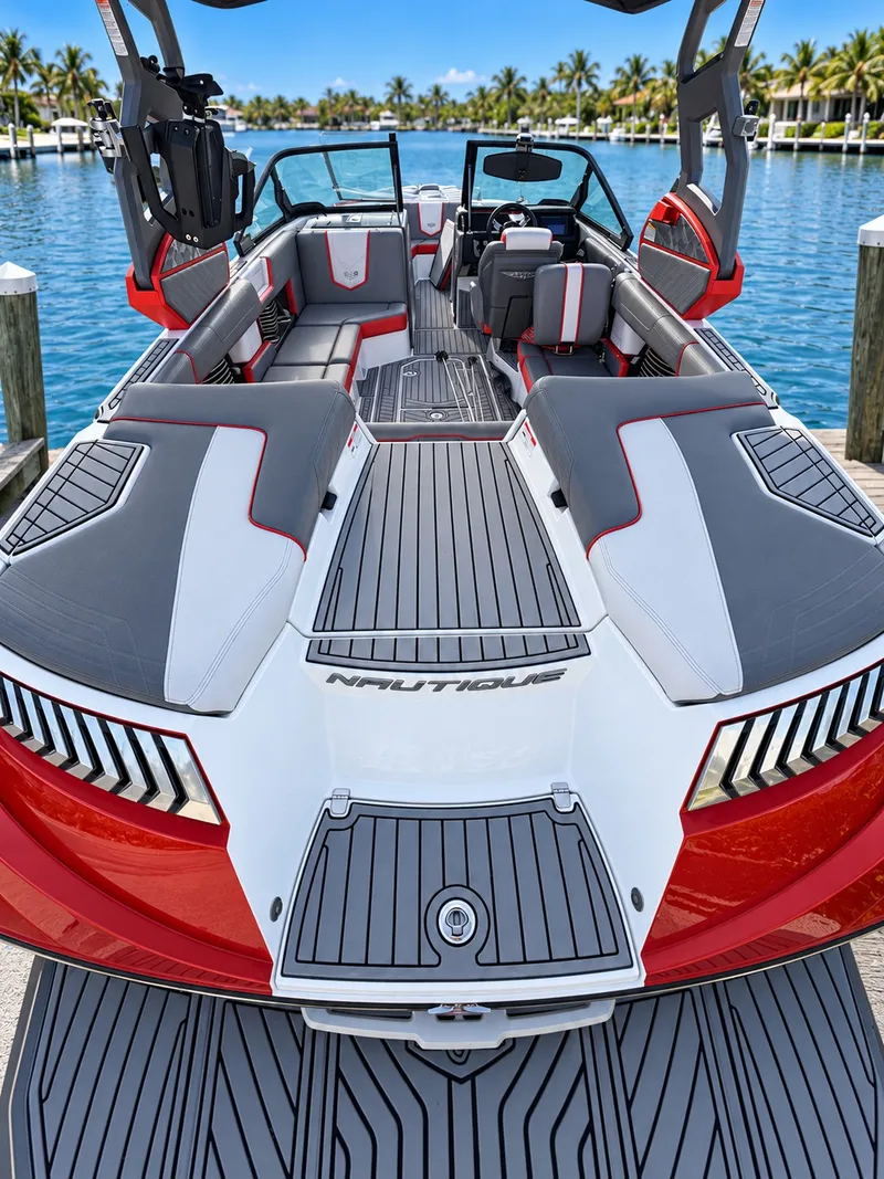 Slide: The Image of The image shows a 2019 Nautique Super Air Nautique G23 boat with a stylish, modern design by the water. - 6