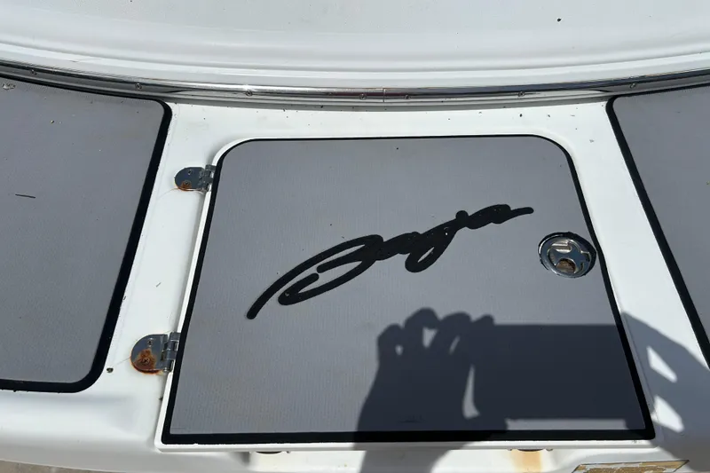 Slide: The Image of 2005 Baha Cruisers 302 boat deck with logo and hatch. - 77