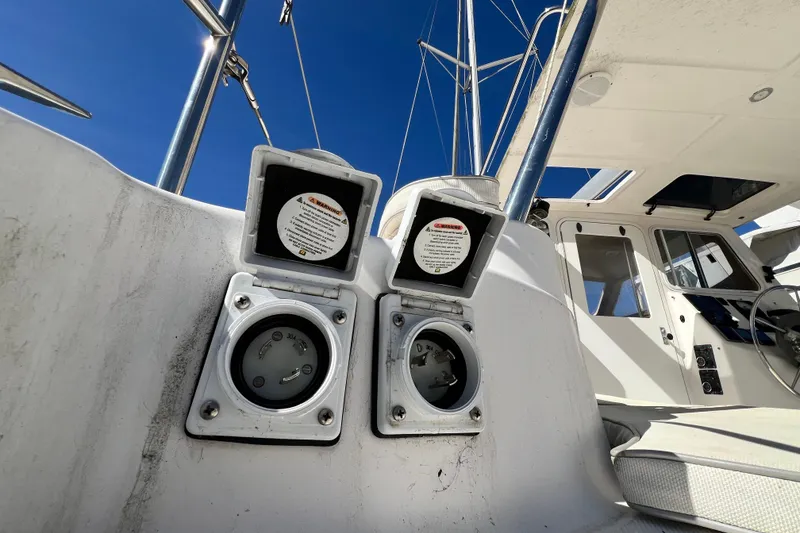 Slide: The Image of Close-up of electrical outlets on a 2013 Gemini Legacy 35 sailboat deck. - 79