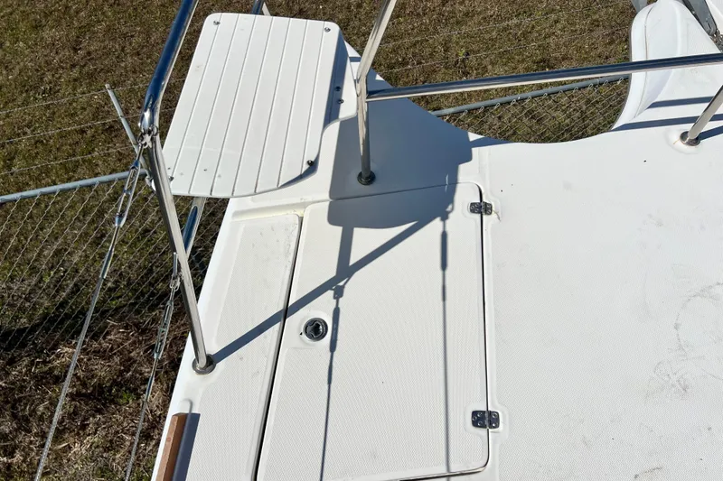 Slide: The Image of Deck view of 2013 Gemini Legacy 35 sailboat, featuring hatch and railing. - 43