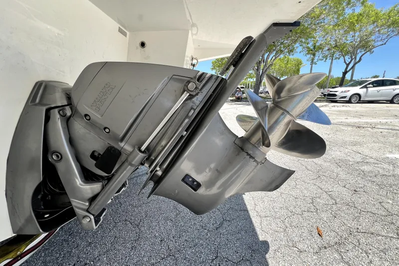 Slide: The Image of Close-up of a 2013 Novurania Chase 23 boat propeller and Volvo Penta engine. - 11