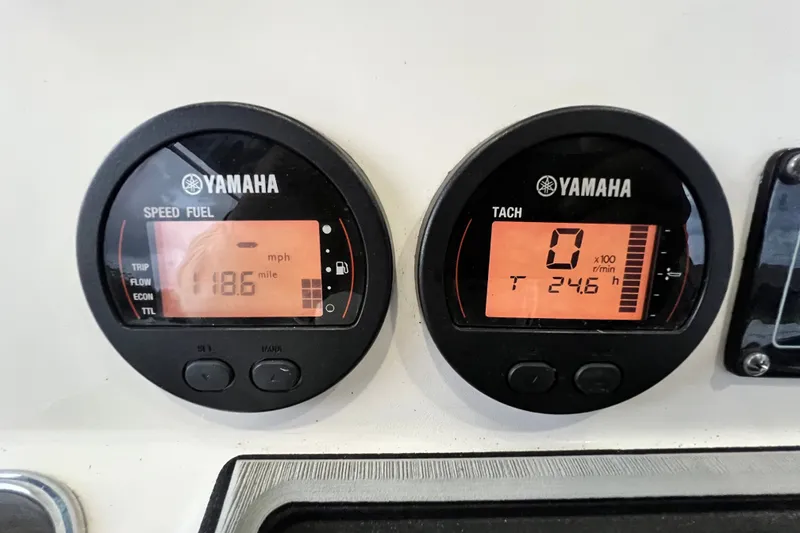 Slide: The Image of Yamaha speed and tachometer gauges on 2024 Sea Fox 228 Commander boat dashboard. - 41