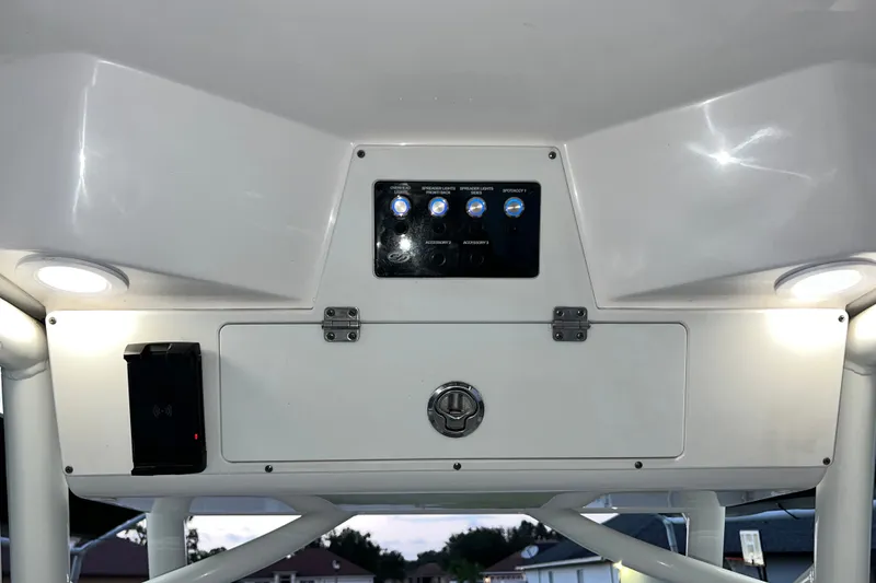 Slide: The Image of 2024 Sea Fox 228 Commander boat console with control panel and lighting. - 23