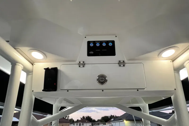 Slide: The Image of 2024 Sea Fox 228 Commander boat console with lighting and control panel. - 46