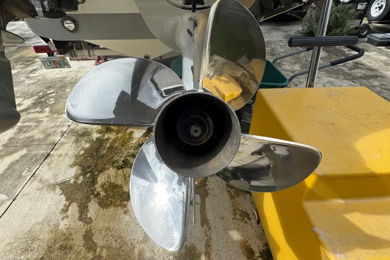 Slide: The Image of Close-up of a shiny boat propeller on a 2011 Donzi 29 ZF Open. - 56