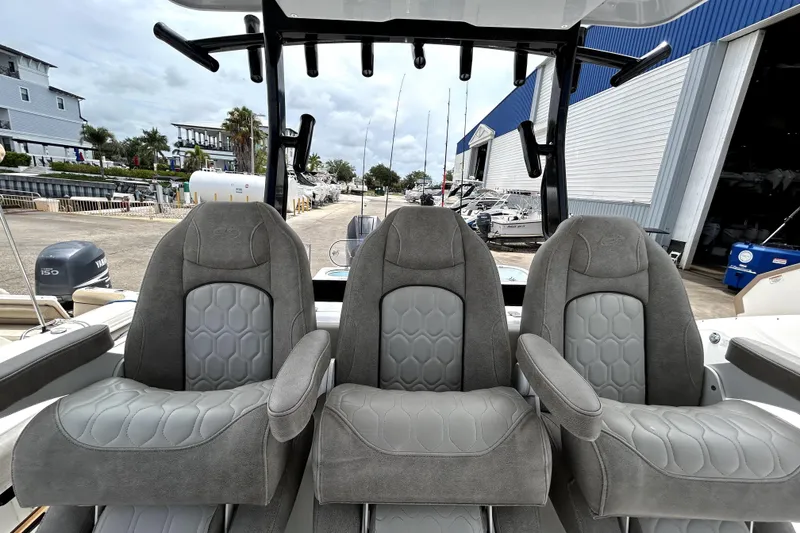 Slide: The Image of 2024 Sea Fox 328 Commander boat seats, featuring luxurious gray upholstery and modern design. - 67