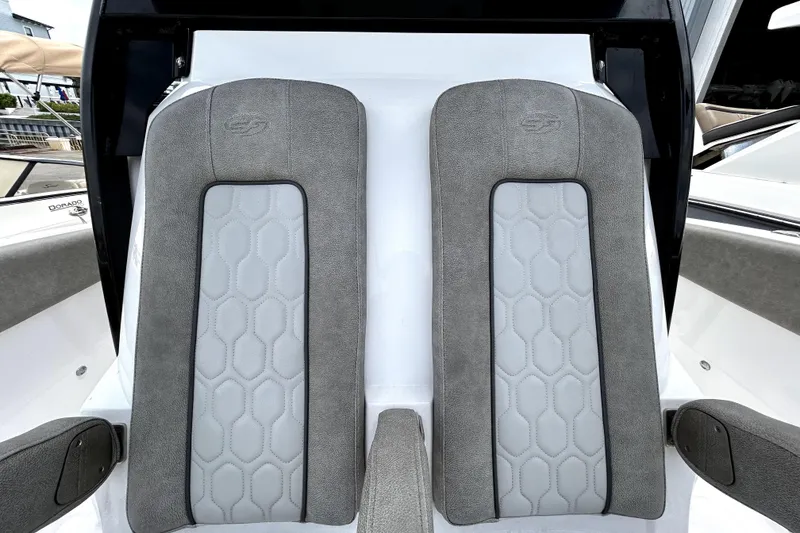 Slide: The Image of 2024 Sea Fox 328 Commander boat seats with gray and white upholstery. - 62