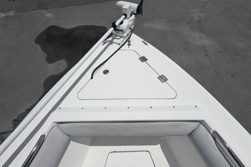 Slide: The Image of Bow of a 2011 Jefferson Marlago FS35 boat with trolling motor. - 66