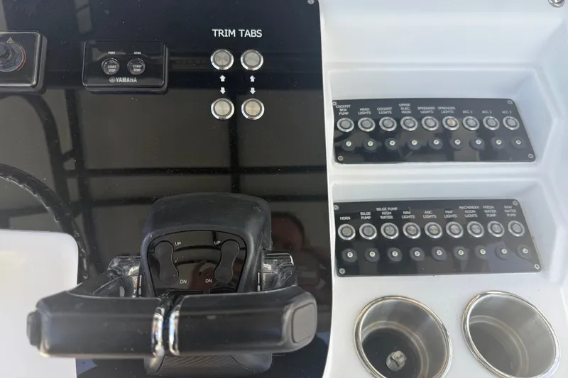 Slide: The Image of Control panel of a 2004 Donzi 29 ZF Open boat with switches and trim tabs. - 33