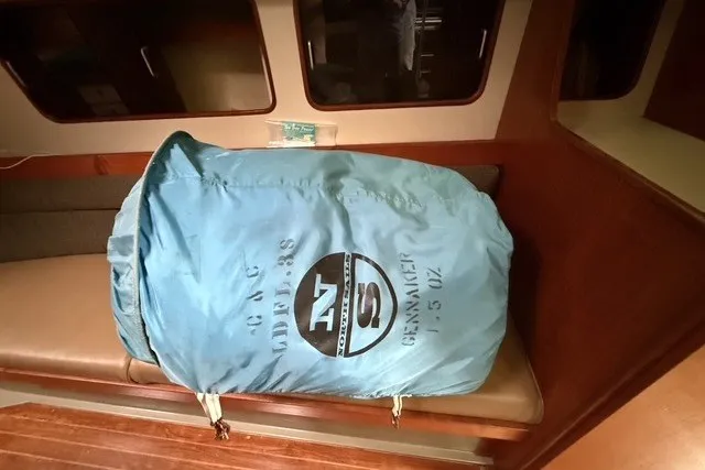 Slide: The Image of Blue sail bag on C&C Landfall 38 yacht interior, 1981 model. - 22