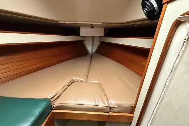 Slide: The Image of Interior cabin of 1981 C&C Landfall 38 sailboat with beige cushions and wooden paneling. - 19