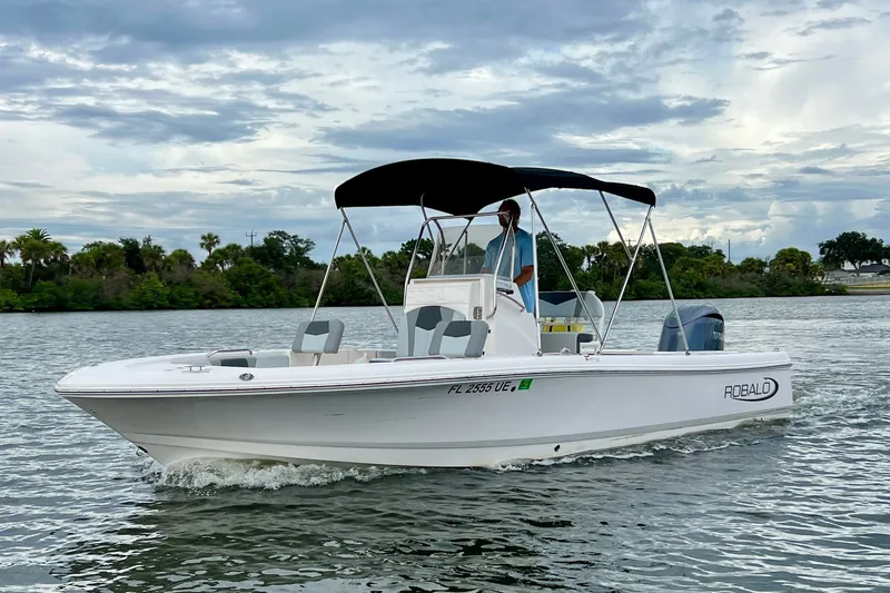 The Image of 2026 Robalo 226 Cayman boat cruising on a calm river under a cloudy sky. - 0