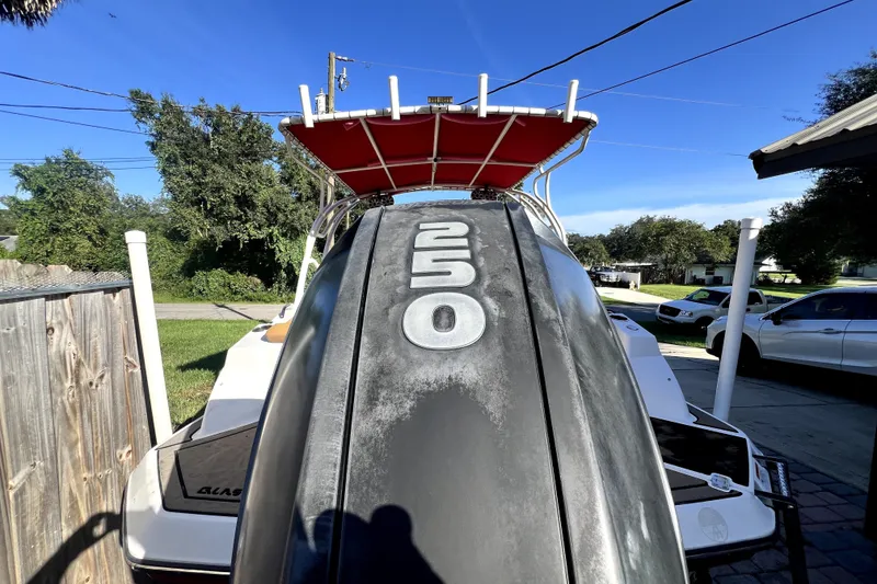 Slide: The Image of 2019 Glastron GTD 220 boat with red canopy and 250 horsepower engine. - 17