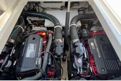 Slide: The Image of 2009 Cruisers Yachts 330 Express engine compartment with Volvo Penta engines. - 16