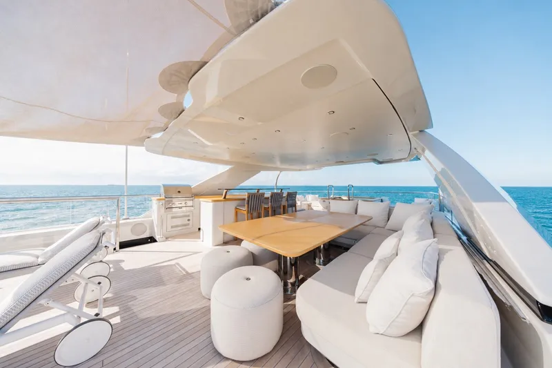 Slide: The Image of Luxurious 2023 Cantiere Delle Marche RJ 115 yacht deck with seating, dining area, and ocean view. - 67