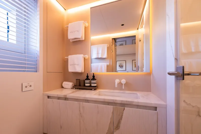 Slide: The Image of Luxurious bathroom in 2023 Cantiere Delle Marche RJ 115 yacht, featuring elegant lighting and modern fixtures. - 28