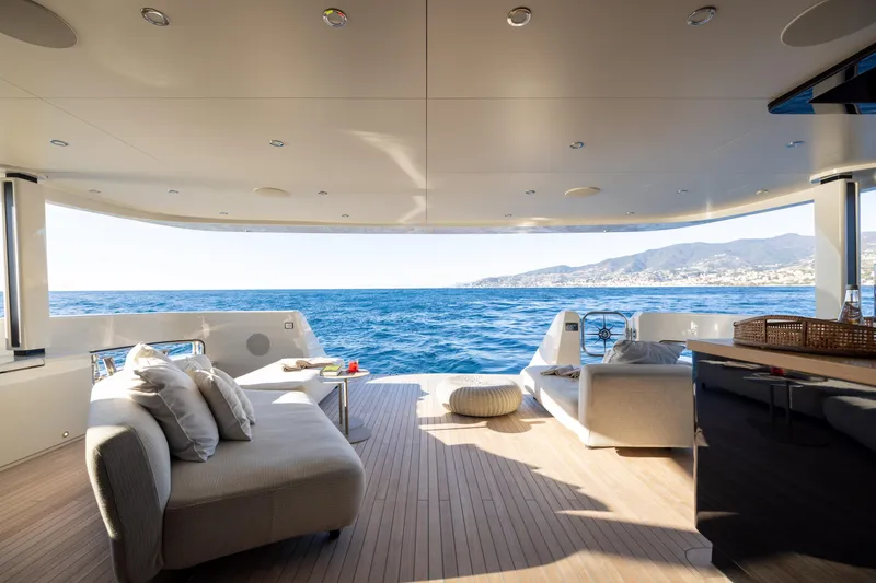 Slide: The Image of Luxurious 2023 Cantiere Delle Marche RJ 115 yacht deck with ocean view and elegant seating. - 11