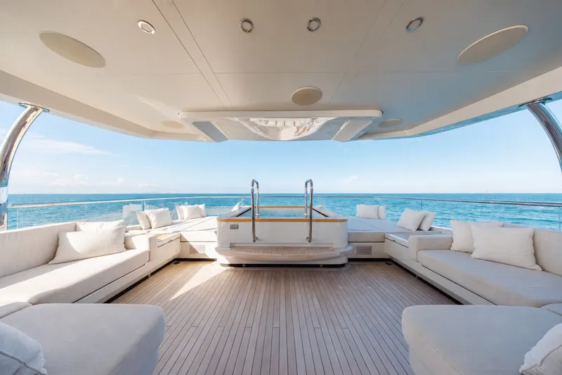 Slide: The Image of Luxurious 2023 Cantiere Delle Marche RJ 115 yacht deck with elegant seating and ocean view. - 68