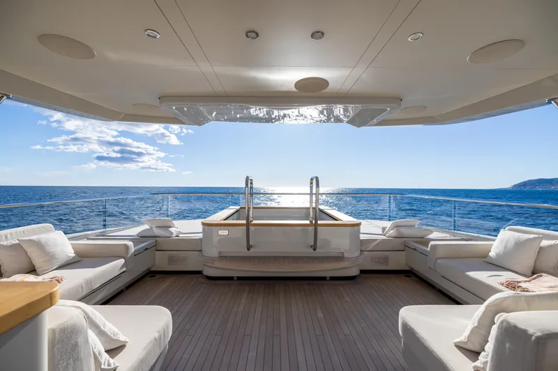 Slide: The Image of Luxurious 2023 Cantiere Delle Marche RJ 115 yacht deck with ocean view and seating. - 34