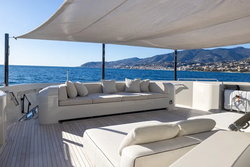 Slide: The Image of Luxurious 2023 Cantiere Delle Marche RJ 115 yacht deck with ocean view and comfortable seating. - 58