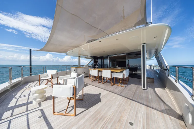 Slide: The Image of Luxurious 2023 Cantiere Delle Marche RJ 115 yacht deck with elegant seating and ocean view. - 47