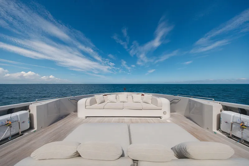 Slide: The Image of Luxurious 2023 Cantiere Delle Marche RJ 115 yacht deck with ocean view and plush seating. - 59