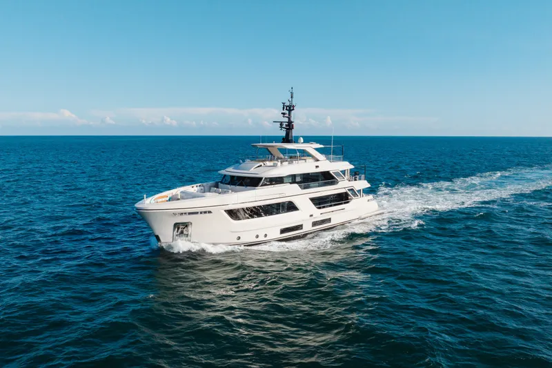 Slide: The Image of Luxurious 2023 Cantiere Delle Marche RJ 115 yacht cruising on open sea. - 2