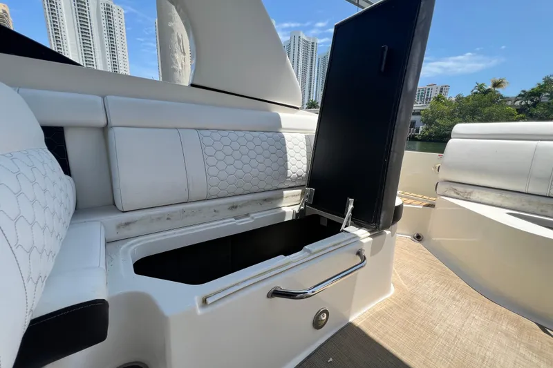 Slide: The Image of 2019 Sea Ray SDX 270 Outboard boat with open storage compartment, white seating, and cityscape background. - 35