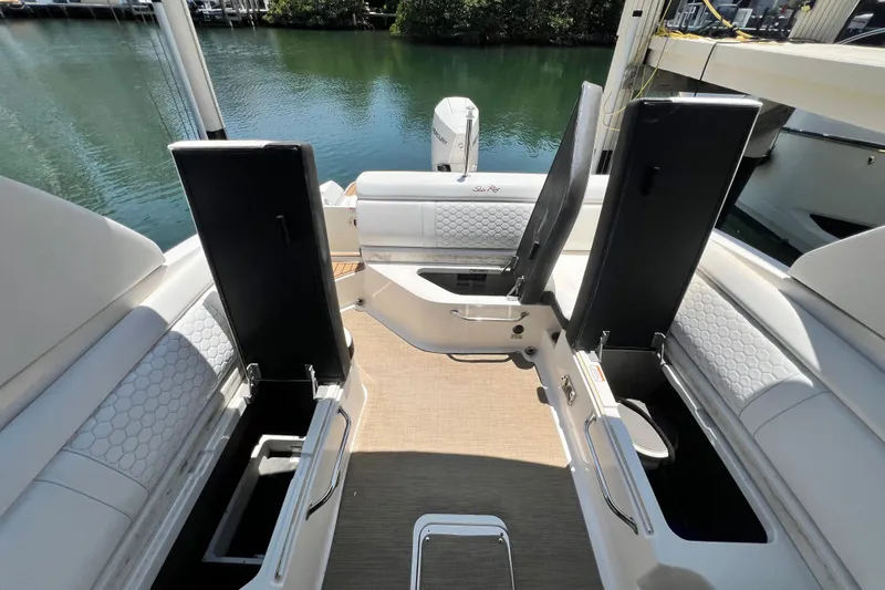 Slide: The Image of 2019 Sea Ray SDX 270 Outboard interior with open storage compartments, docked by the water. - 34