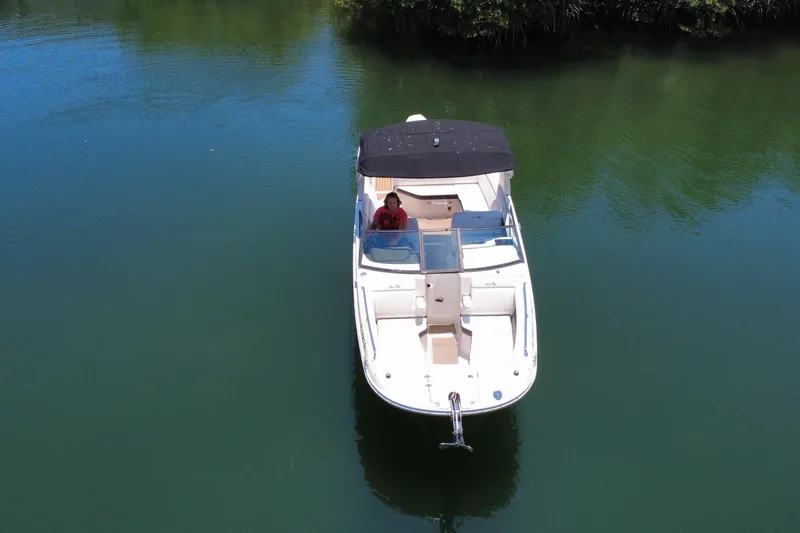 Slide: The Image of 2019 Sea Ray SDX 270 Outboard boat cruising on calm green water. - 26