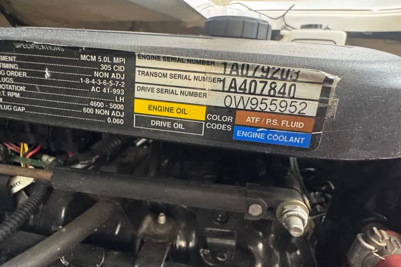 Slide: The Image of Engine specifications label on a 2008 Chaparral Signature 290 boat. - 77