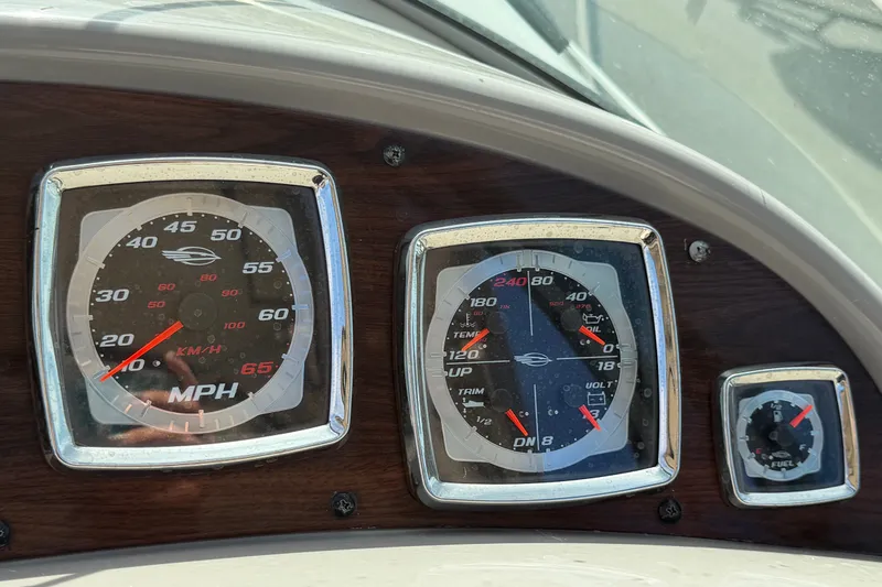 Slide: The Image of Dashboard gauges of a 2008 Chaparral Signature 290 boat, displaying speed and engine metrics. - 33