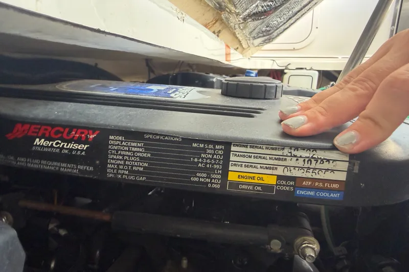 Slide: The Image of Engine compartment of a 2008 Chaparral Signature 290 with Mercury MerCruiser specifications. - 120