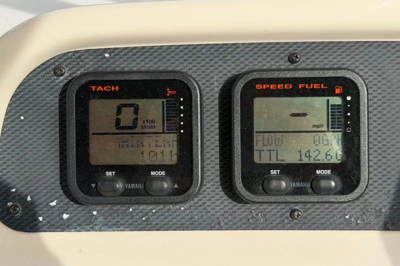 Slide: The Image of Close-up of Yamaha tachometer and speed fuel gauges on 2008 Grady-White Seafarer 228 boat. - 38
