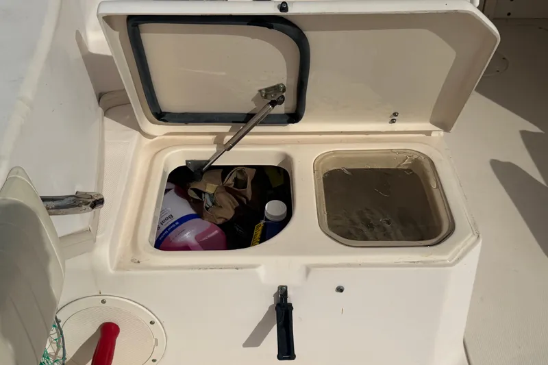Slide: The Image of Open storage compartment on a 2008 Grady-White Seafarer 228 boat, containing cleaning supplies. - 18