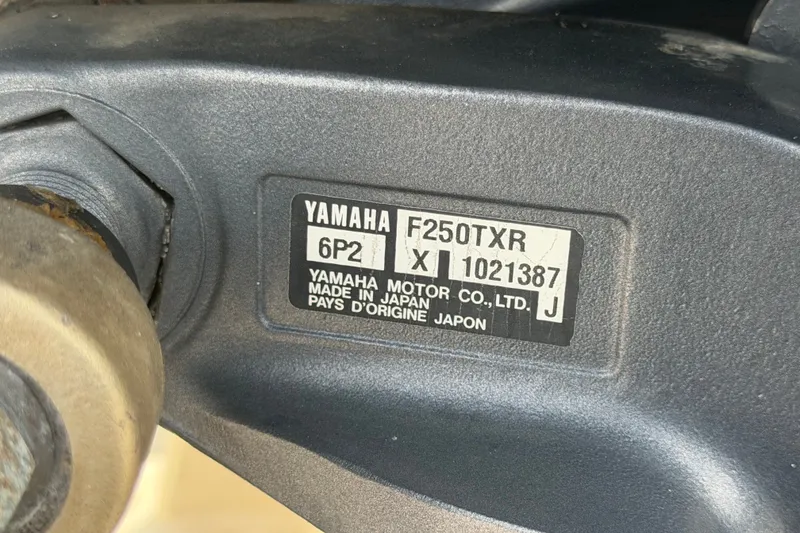 Slide: The Image of Yamaha F250TXR engine label on a 2008 Grady-White Seafarer 228 boat. - 88
