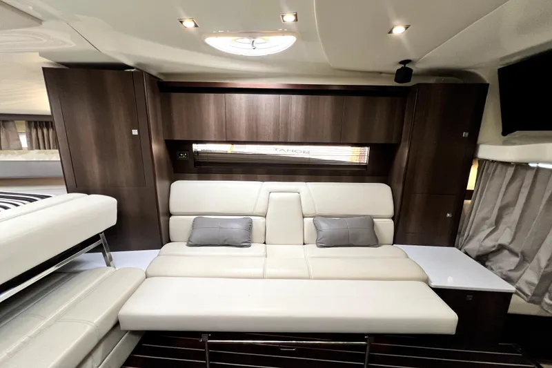 Slide: The Image of Luxurious interior of 2018 Monterey 355 Sport Yacht with modern seating and elegant wood finishes. - 89