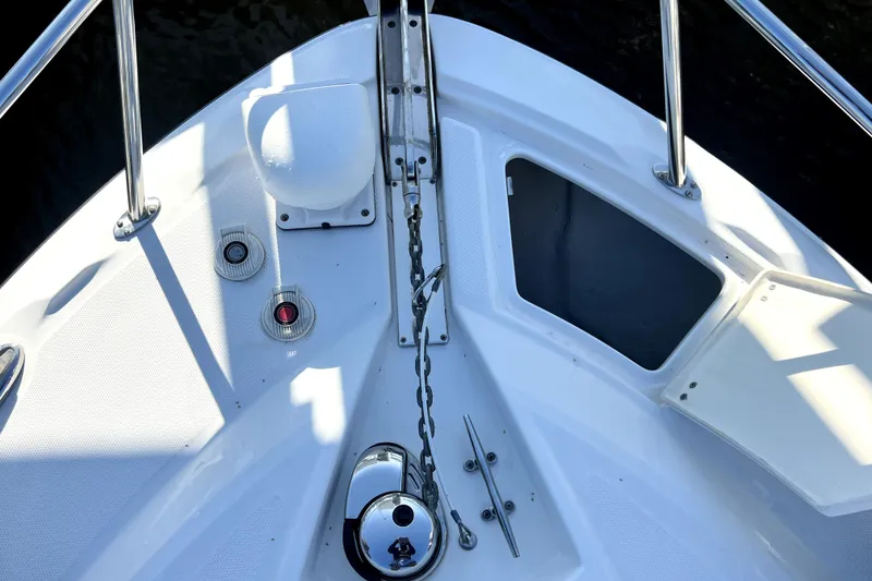 Slide: The Image of Bow of 2018 Monterey 355 Sport Yacht with anchor chain and deck fittings. - 132