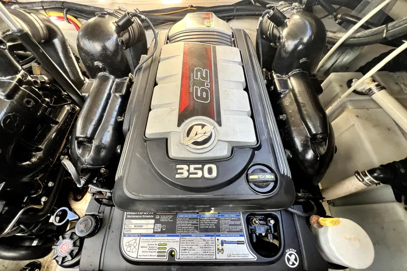Slide: The Image of Engine of a 2018 Monterey 355 Sport Yacht, showcasing the 6.2L 350 horsepower motor. - 62