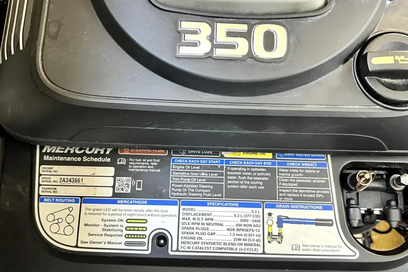 Slide: The Image of Engine maintenance panel of a 2018 Monterey 355 Sport Yacht, featuring Mercury specifications. - 116
