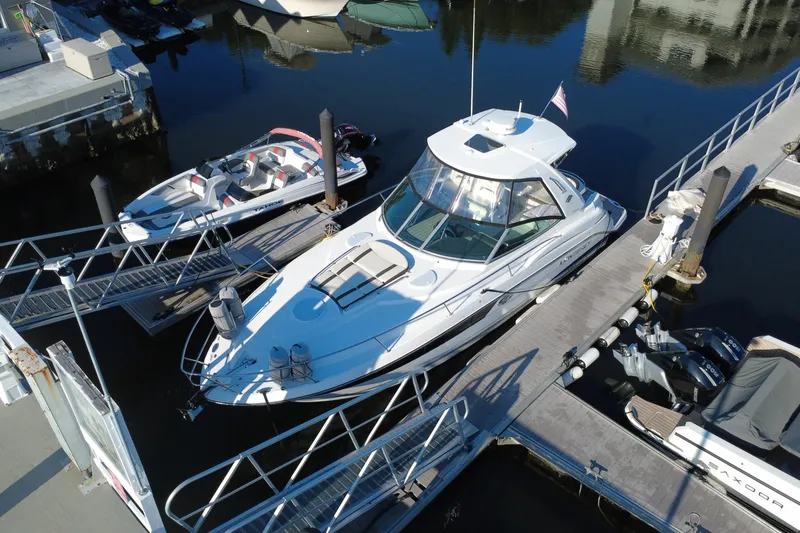 Slide: The Image of 2018 Monterey 355 Sport Yacht docked at marina, aerial view. - 16
