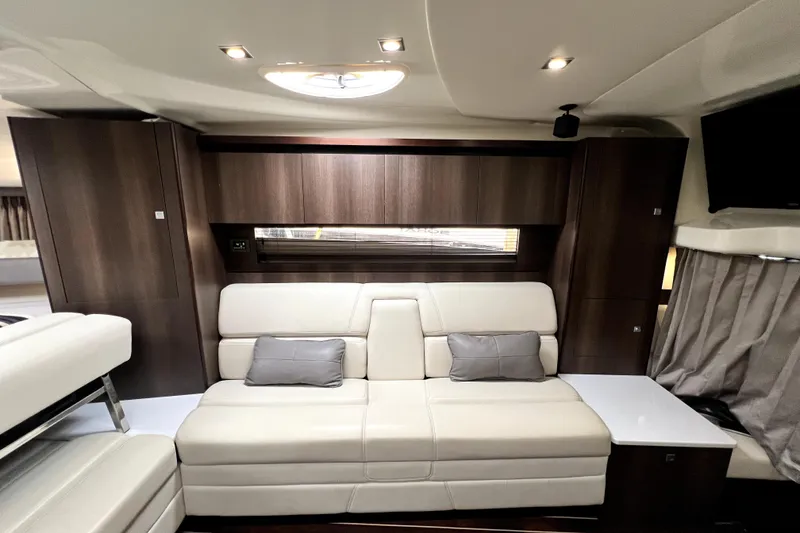 Slide: The Image of Luxurious interior of 2018 Monterey 355 Sport Yacht with modern furnishings and ambient lighting. - 90