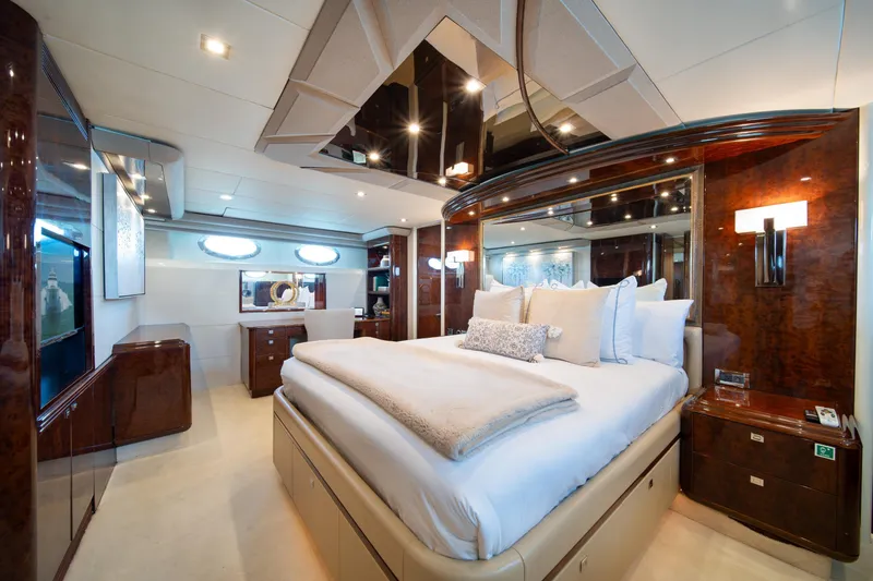 Slide: The Image of Luxurious bedroom interior on a 2001 Lazzara 94 yacht, featuring elegant wood finishes. - 22