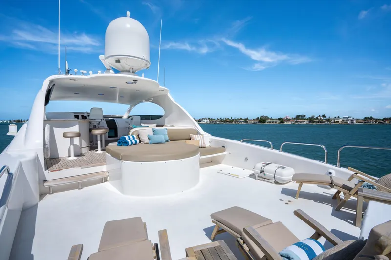 Slide: The Image of Luxurious 2001 Lazzara 94 yacht deck with seating, ocean view, and clear blue sky. - 34